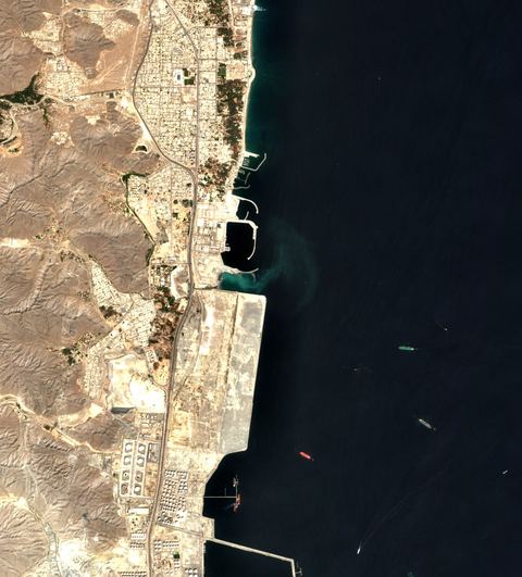 Sentinel-2 crop of Fujairah anchorage at 25.25°N 56.38°E, captured 19 Oct 2026