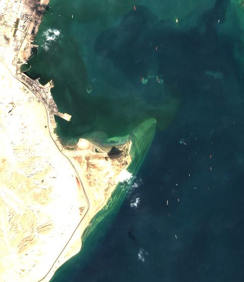 Sentinel-2 crop of Suez southern anchorage at 29.87°N 32.51°E, captured 19 Oct 2026