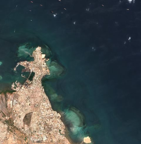 Sentinel-2 crop of Djibouti anchorage at 11.61°N 43.17°E, captured 21 Oct 2026