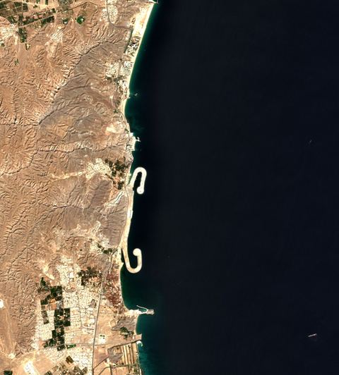 Sentinel-2 crop of Khor Fakkan approaches at 25.46°N 56.38°E, captured 19 Oct 2026