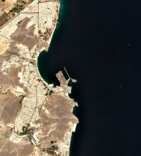 Sentinel-2 crop of Khor Fakkan approaches at 25.36°N 56.38°E, captured 19 Oct 2026