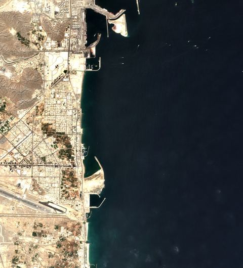 Sentinel-2 crop of Fujairah anchorage at 25.13°N 56.38°E, captured 19 Oct 2026